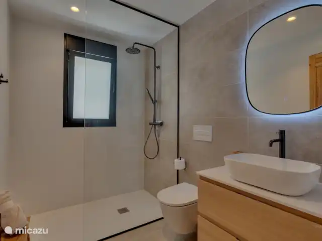 Luxe badkamer gelegen aan voorzijde voorzien van ruime inloopdouche, wastafel en toilet